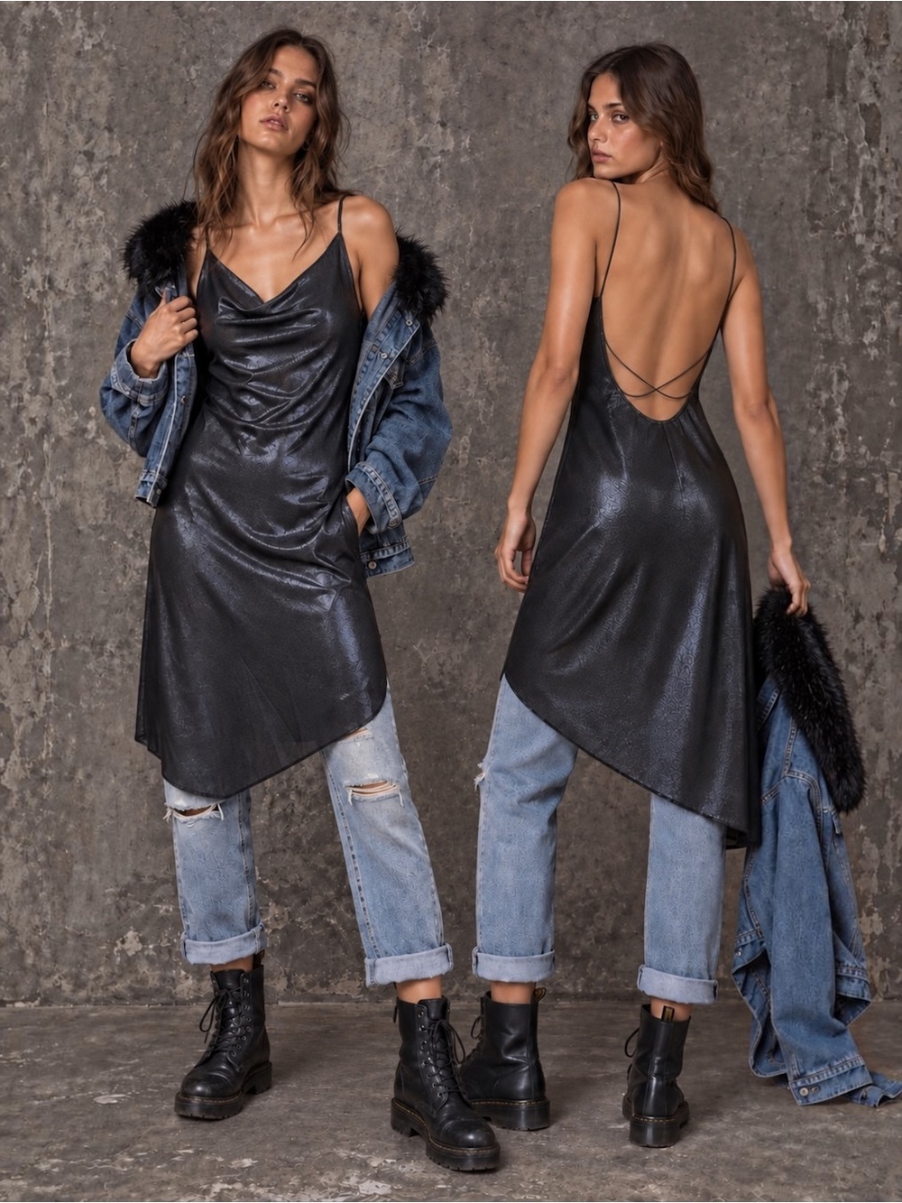 Vintage Midi Slip Dress | Gunmetal Metallic Asymmetrical | Cowl Neck Open Back